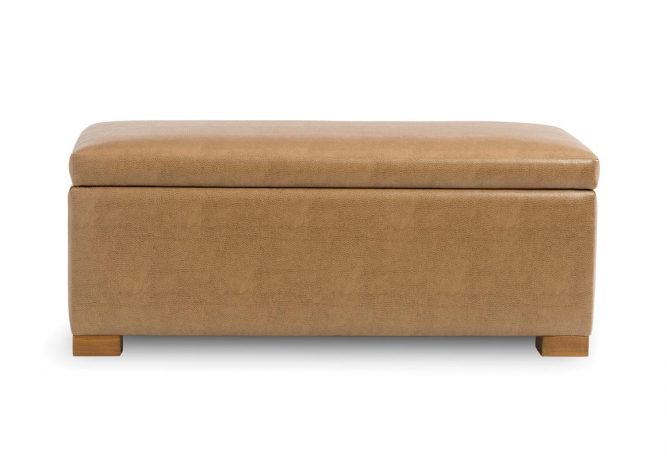 Front shot of tan, rectangular Naples multi-purpose storage bench from Vogel with light brown legs