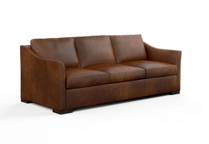 45 angle view of brown leather contemporary sofa