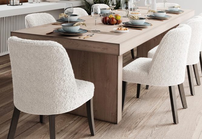 transitional dining chairs around wood table