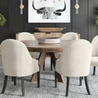 black and white dining room with white dining room chairs