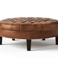 cambridge leather tufted ottoman in brown leather with dark stain legs