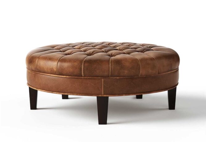 cambridge leather tufted ottoman in brown leather with dark stain legs