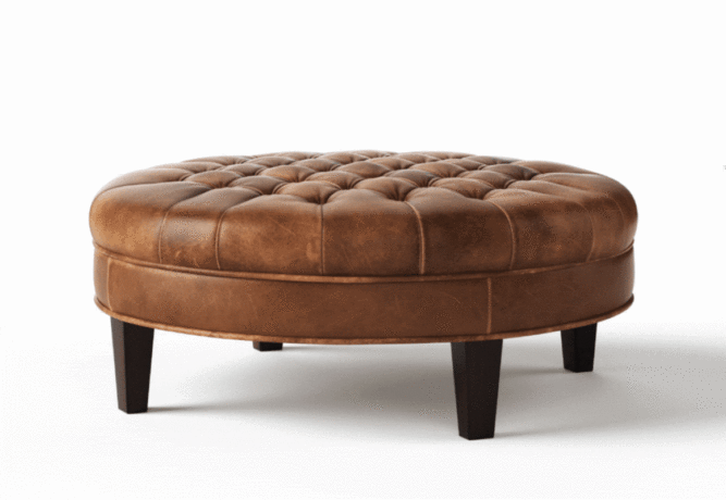 Gif of the Cambridge & Carlisle ottomans alternating. Round ottomans in brown leather one with a tufted top and one with a flat top.