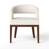 The front view of the Curved back chair known as the Zayn by Vogel in custom white fabric.