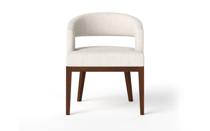 The front view of the Curved back chair known as the Zayn by Vogel in custom white fabric.