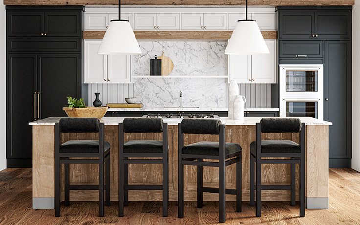 Four black Marlowe bar stools by Vogel placed at a modern kitchen island.